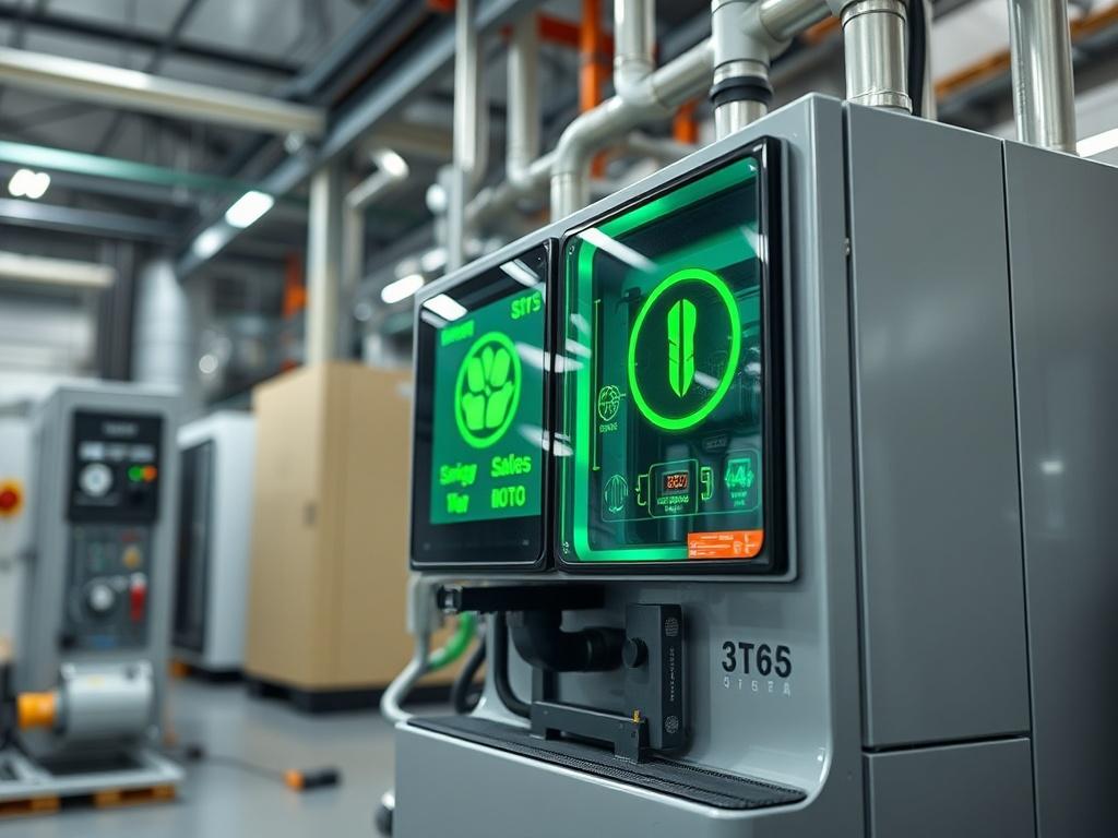 A hyper-realistic close-up shot of an industrial installation showcasing green technology and energy-saving features. The image should focus on a modern, sleek energy-efficient machine with visible green overlays indicating savings and sustainability, set against a backdrop of a clean, well-organized industrial environment. The lighting should be bright, emphasizing the innovative aspects of the technology, and the color scheme should harmonize with the primary color #136A5C.