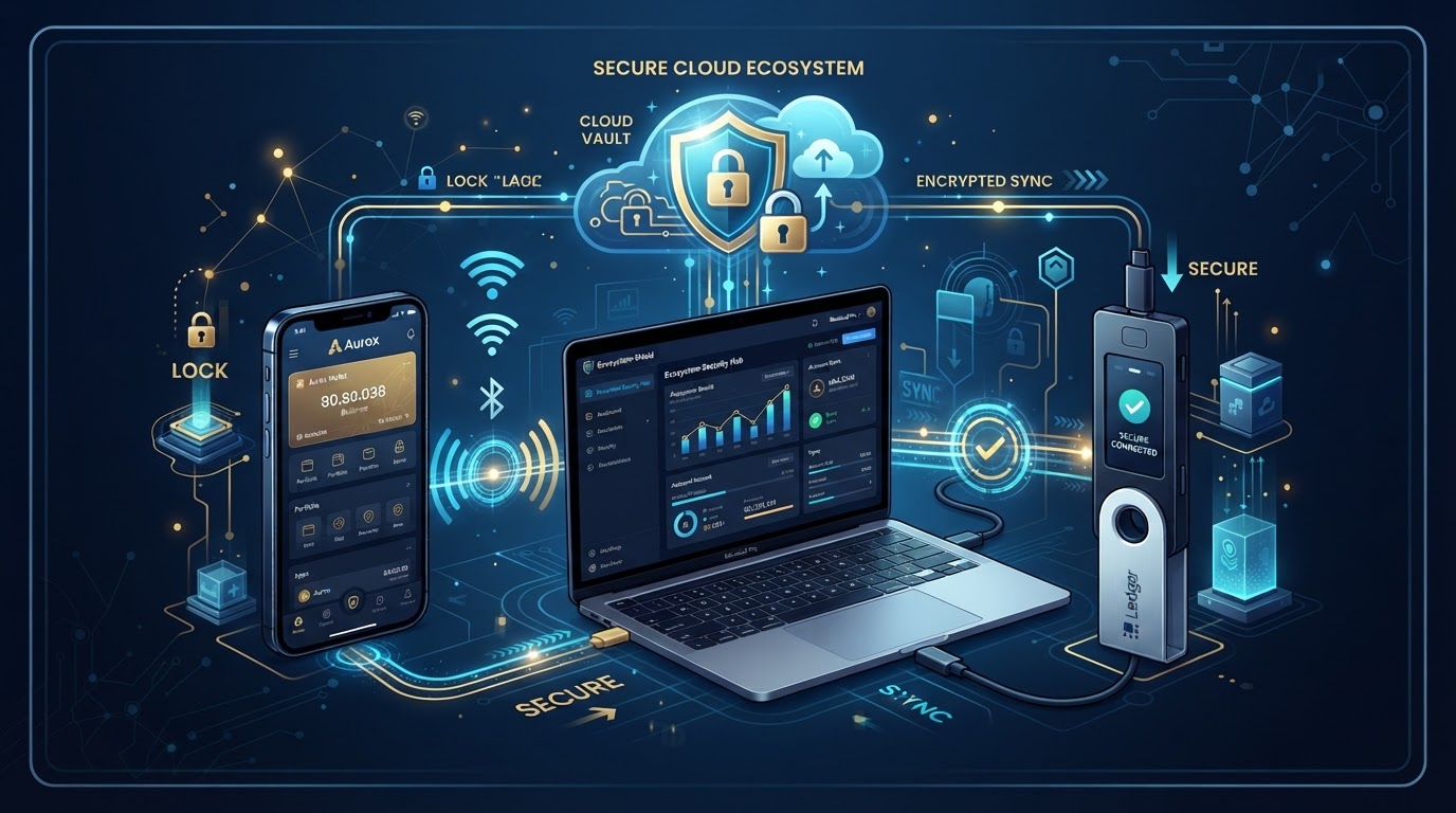 Multi-device ecosystem showing smartphone, laptop and hardware wallet connected securely