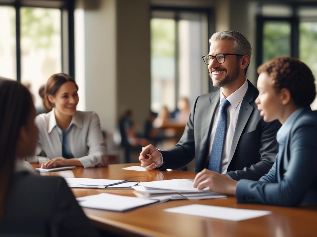 A close-up shot of a lawyer presenting to a small group of community members in a bright, welcoming environment, engaging and interactive.