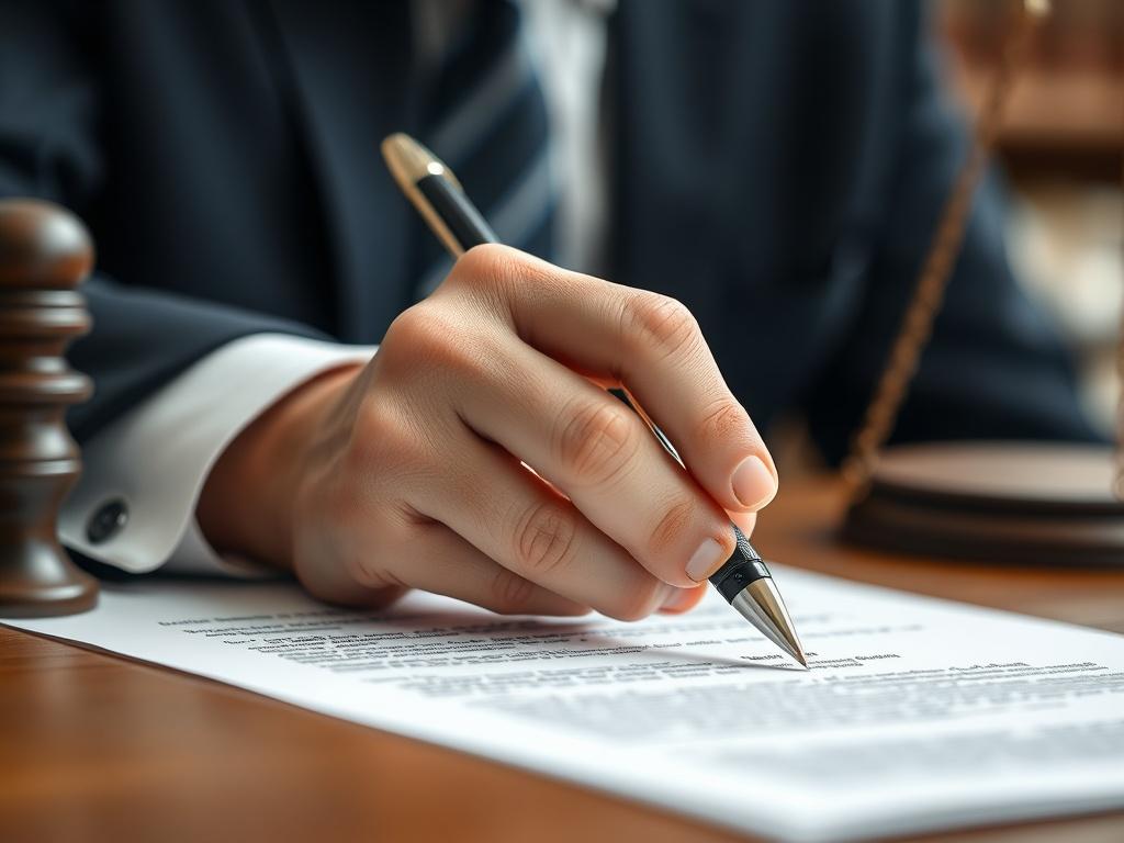 A close-up shot of a lawyer's hand holding a legal document with a pen, set against a blurred background of a law office. The image should capture the seriousness and professionalism of legal proceedings, highlighting the intricacies of cheque bounce cases. The focus should be on the document and the pen, with soft, natural lighting that emphasizes the textures of the paper and the lawyer's attire.
