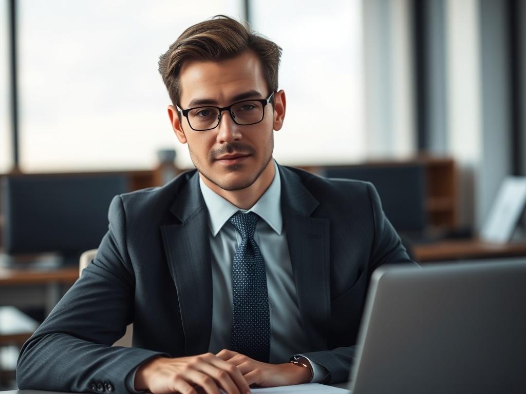 A close-up shot of a confident lawyer in a professional setting, wearing a suit and tie, sitting at a desk with legal documents and a laptop. The background should be a softly blurred office environment, emphasizing the lawyer's focused expression. The image should convey professionalism and expertise, utilizing a hyper-realistic style with sharp details, and compatible with the primary color rgb(3, 125, 201).
