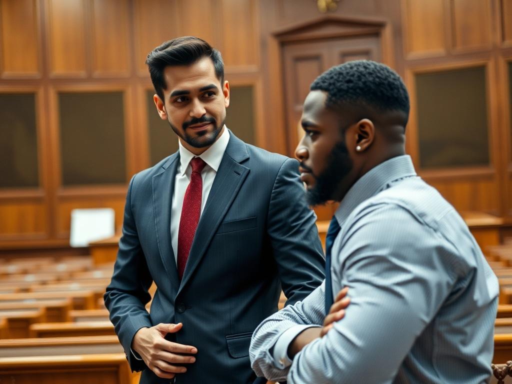 A hyper-realistic image of a criminal defense lawyer in a courtroom setting, passionately defending a client. The lawyer, a South Asian male in a suit, is standing confidently at the defense table, while the client, an African American male, looks reassured. The courtroom is detailed with wooden benches and a judge's bench in the background. The lighting captures the intensity of the moment, emphasizing the importance of the defense.