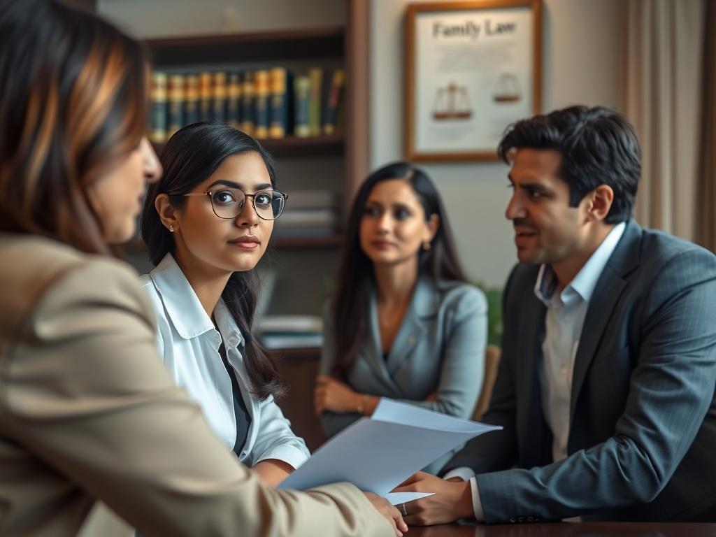 A hyper-realistic image of a family lawyer consulting with a couple in a private office. The lawyer, a South Asian woman in professional attire, is attentively listening while the couple, a diverse pair, appear engaged and concerned. The setting is elegant with bookshelves and a family law certificate displayed. The lighting is soft, creating a serene atmosphere that encourages open communication.