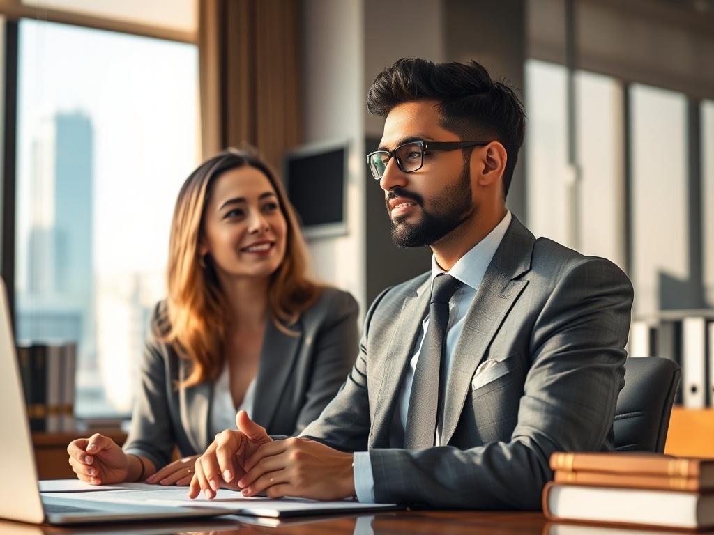 A focused, hyper-realistic image of a lawyer discussing a personal injury case with a client in a modern office setting. The lawyer is a South Asian man in a suit, looking attentive and supportive, while the client, a Caucasian woman, appears relieved and engaged. The background features a well-organized desk with legal books and a window showing a cityscape. The lighting is warm and inviting, highlighting the professionalism and trust of the environment.