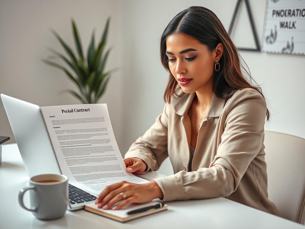 **AI Image Generation Prompt:**

Create a realistic high-resolution photo featuring a confident woman influencer sitting at a tidy workspace, deeply engaged in reviewing a contract on her laptop. She has an expression of focus and determination, embodying the empowerment and professionalism of women in the influencer industry. The workspace should be stylish yet minimalistic, showcasing a few essential items: a notepad with a pen, a stylish coffee mug, and a smartphone displaying social media notifications 