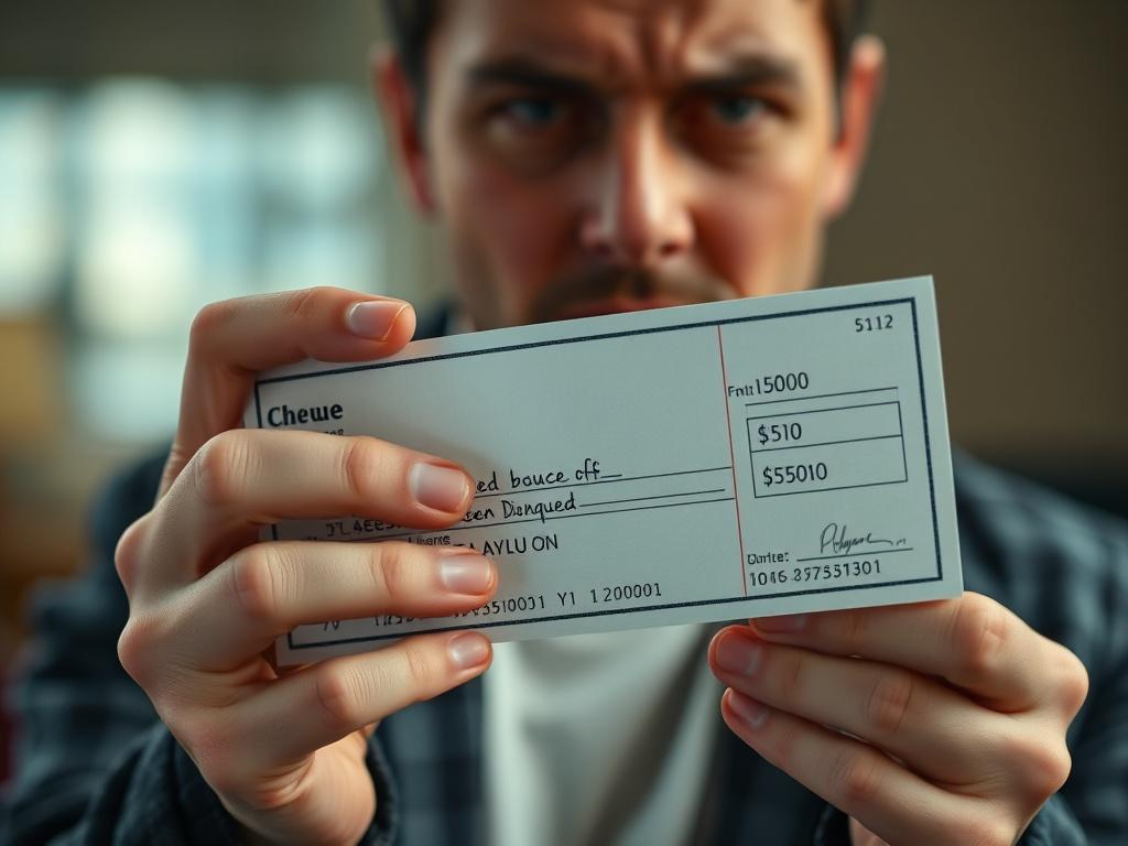 A close-up shot of a person holding a dishonoured cheque with a worried expression, emphasizing the emotional impact of cheque bounce cases. The background should be softly blurred to focus on the cheque and the person's face. The lighting should be natural and warm, creating an engaging and relatable atmosphere. The image should convey a sense of urgency and seriousness, reflecting the technical and time-bound nature of legal proceedings surrounding cheque dishonouring.