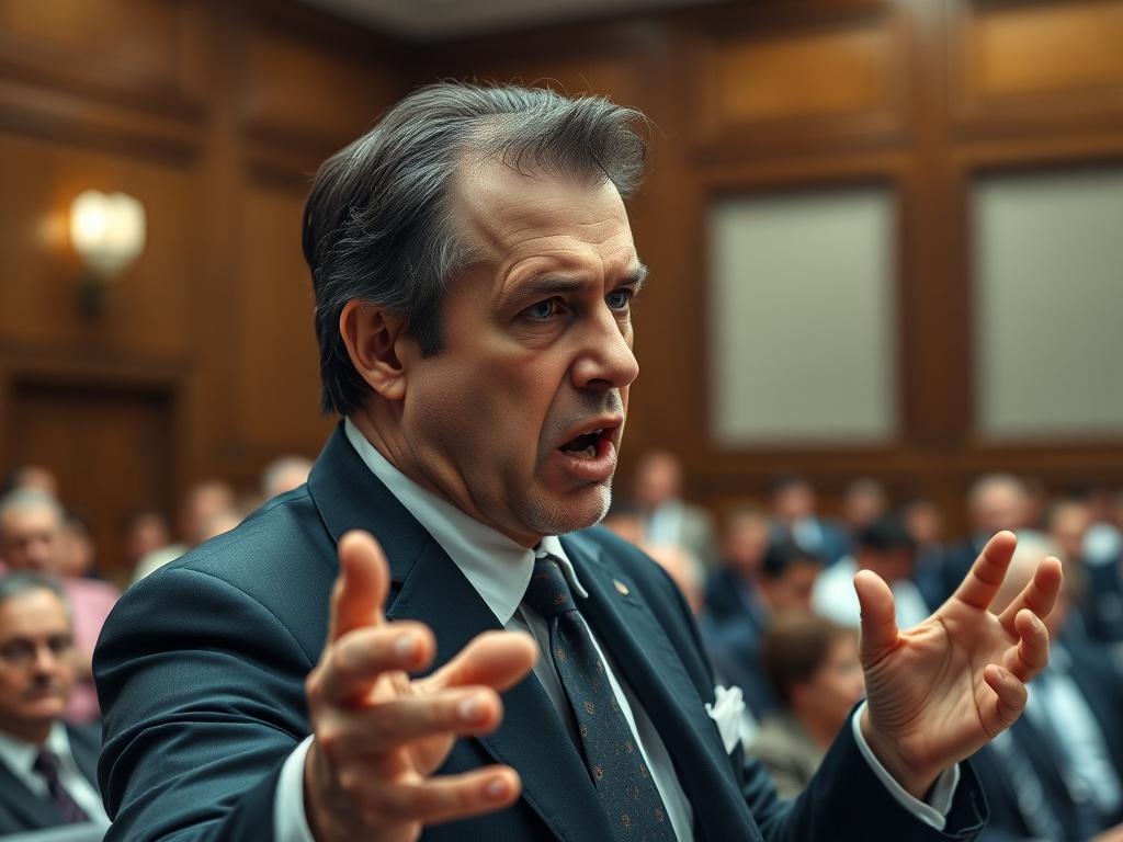 An intense close-up shot of a determined defense lawyer speaking passionately in a courtroom. The lawyer is gesturing confidently while addressing the judge and jury. The courtroom is filled with spectators, and the focus is on the lawyer’s expression of conviction and commitment.