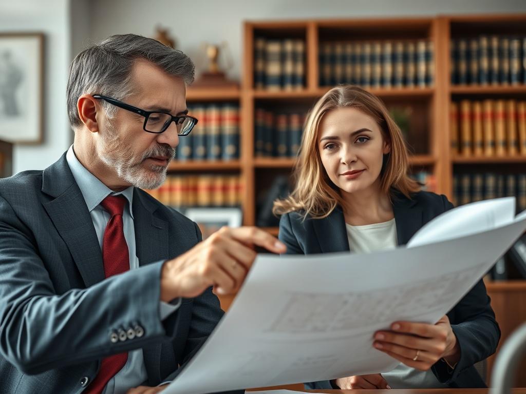 A focused close-up shot of a lawyer discussing property documents with a client in an office setting. The lawyer is pointing at a map or blueprint, illustrating key details, while the client looks engaged and focused. The background contains legal books and professional decor.