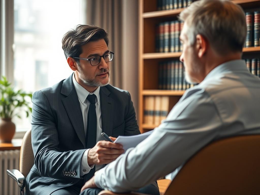 A close-up shot of a compassionate lawyer sitting across from a concerned client in a well-lit office. The lawyer is listening intently, taking notes, and showing empathy. The background is a warm, inviting office with legal books on the shelves and a soft-focus window view.