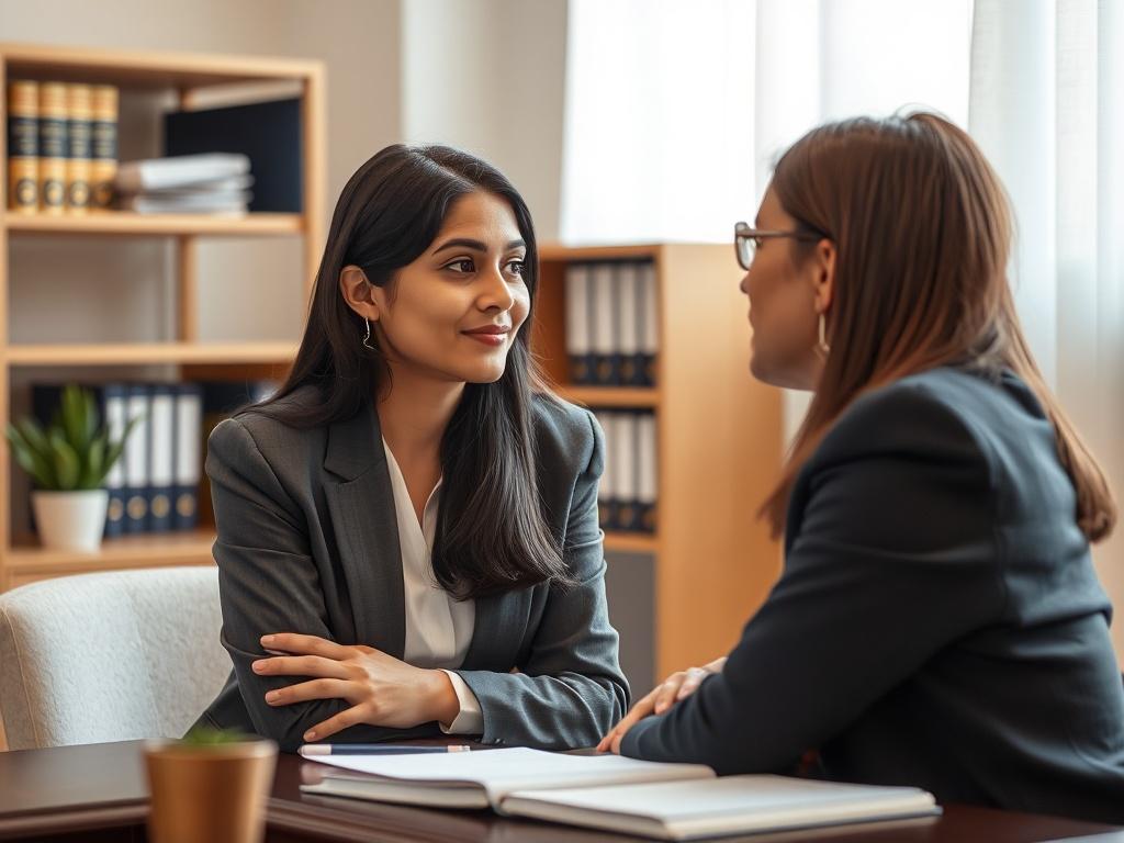 A warm, inviting close-up image of a family lawyer comforting a client in a consultation room. The lawyer, a South Asian female in professional attire, is listening intently to the client, who appears relieved. The room is softly lit, with family law books on the shelf and a small potted plant on the desk, creating a calming atmosphere.