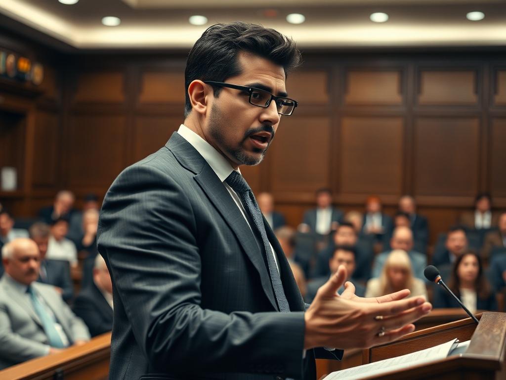 A dramatic close-up image of a criminal defense lawyer passionately arguing in a courtroom. The lawyer, a South Asian male in a suit, stands confidently at the podium, engaging with the judge and jury. The courtroom is filled with attentive spectators, and the lighting highlights the lawyer's determined expression, conveying the seriousness of the situation.