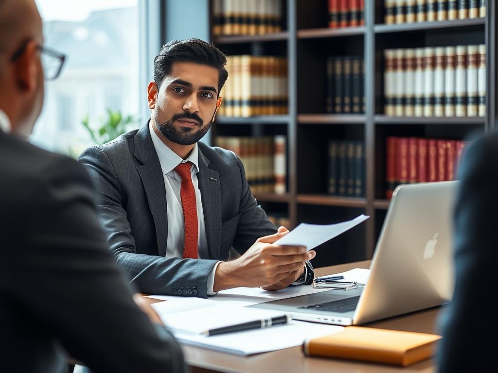 A focused, realistic close-up image of a confident lawyer discussing a civil litigation case with a client in an office setting. The lawyer, a South Asian male in a suit, is seated at a modern desk with legal files and a laptop. The background features bookshelves filled with law books, creating a professional atmosphere. Soft natural light illuminates the scene, enhancing the serious yet approachable mood.