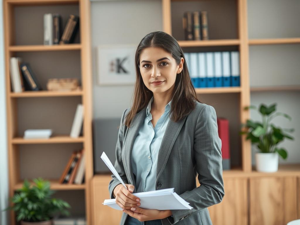 Create a realistic high-resolution photo that reflects the essence of a blog titled "Navigating Legal Challenges: Your Rights Explained." The composition should be simple and clear, featuring a single subject—a confident, young adult, standing in a thoughtfully designed office environment, which symbolizes professionalism and legal expertise. 

The subject should be facing slightly towards the camera with a serious yet approachable expression, conveying determination and understanding. They could be dressed