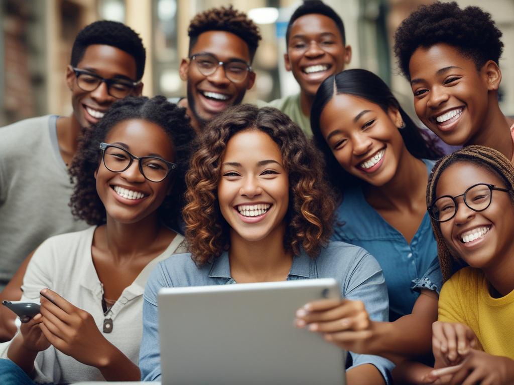 A close-up shot of a diverse group of people from underserved communities smiling and engaging with digital devices, showcasing their excitement and empowerment through technology. The background is a colorful urban environment in Rio de Janeiro, with hints of greenery, reflecting hope and community spirit. The image is rendered in hyper-realistic quality, captured with a 45mm f/1.2 lens, focusing on the faces and their expressions.