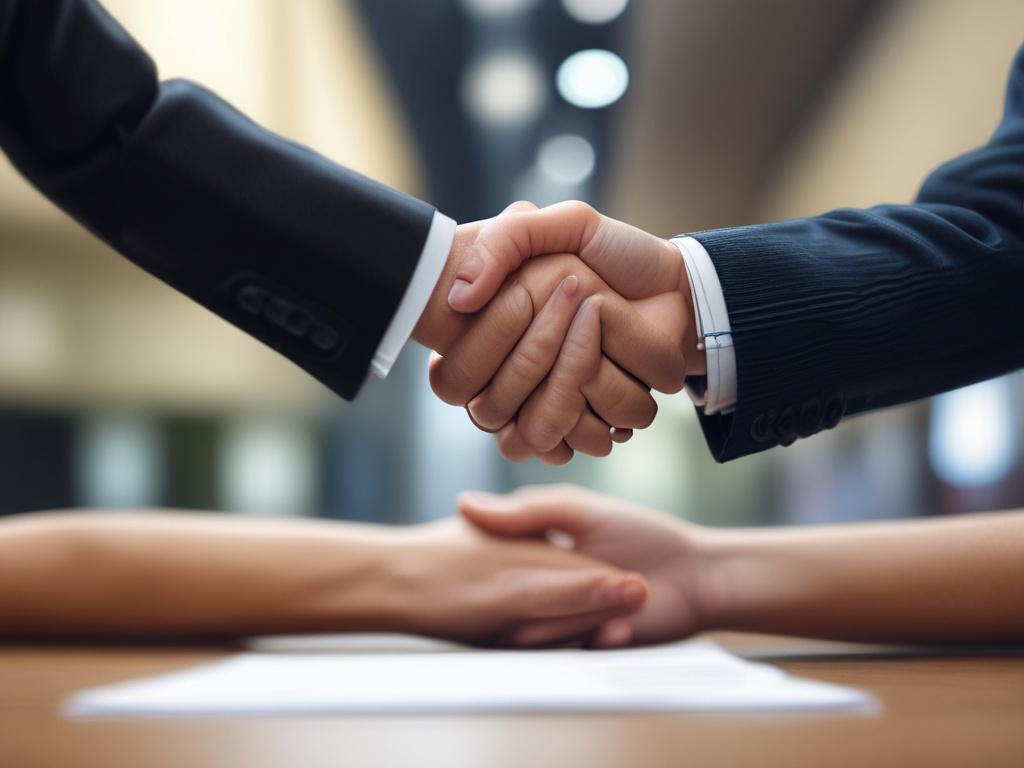 A close-up shot of hands shaking in a professional setting, symbolizing partnership and collaboration. The background is softly blurred to emphasize the handshake, and the composition is simple and clear. The image uses a hyper-realistic style, focusing on the details of the hands and expressions, shot with a 45mm f/1.2 lens. The primary color theme incorporates rgb(50, 170, 39) subtly in the background.