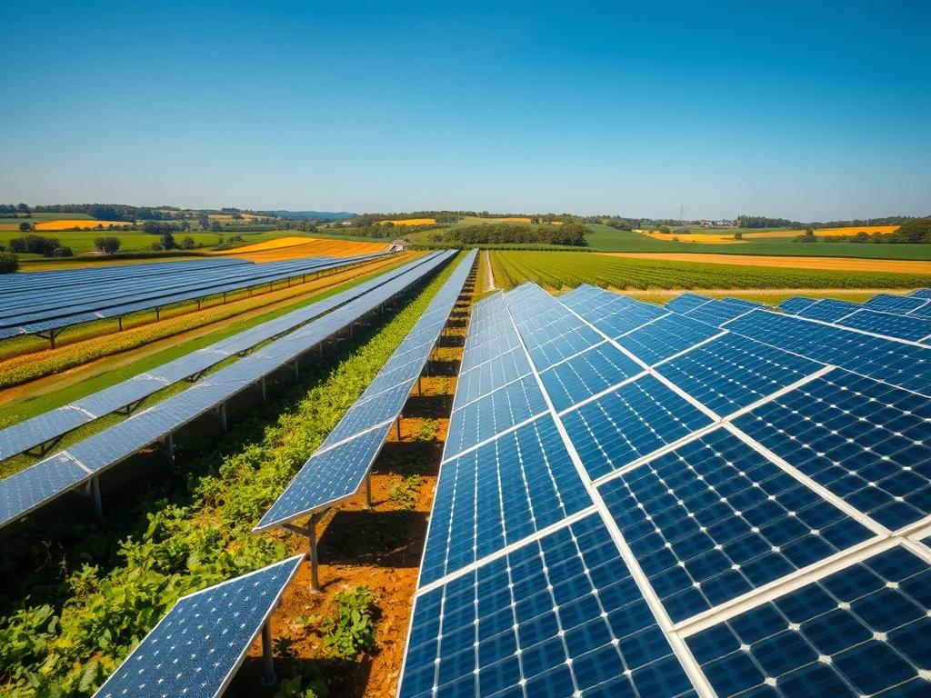 A high-resolution image showing an extensive array of solar panels on a large agricultural property. The scene captures both the solar panels and the surrounding lush farmland, symbolizing sustainability and renewable energy. Bright sunlight enhances the visual appeal.