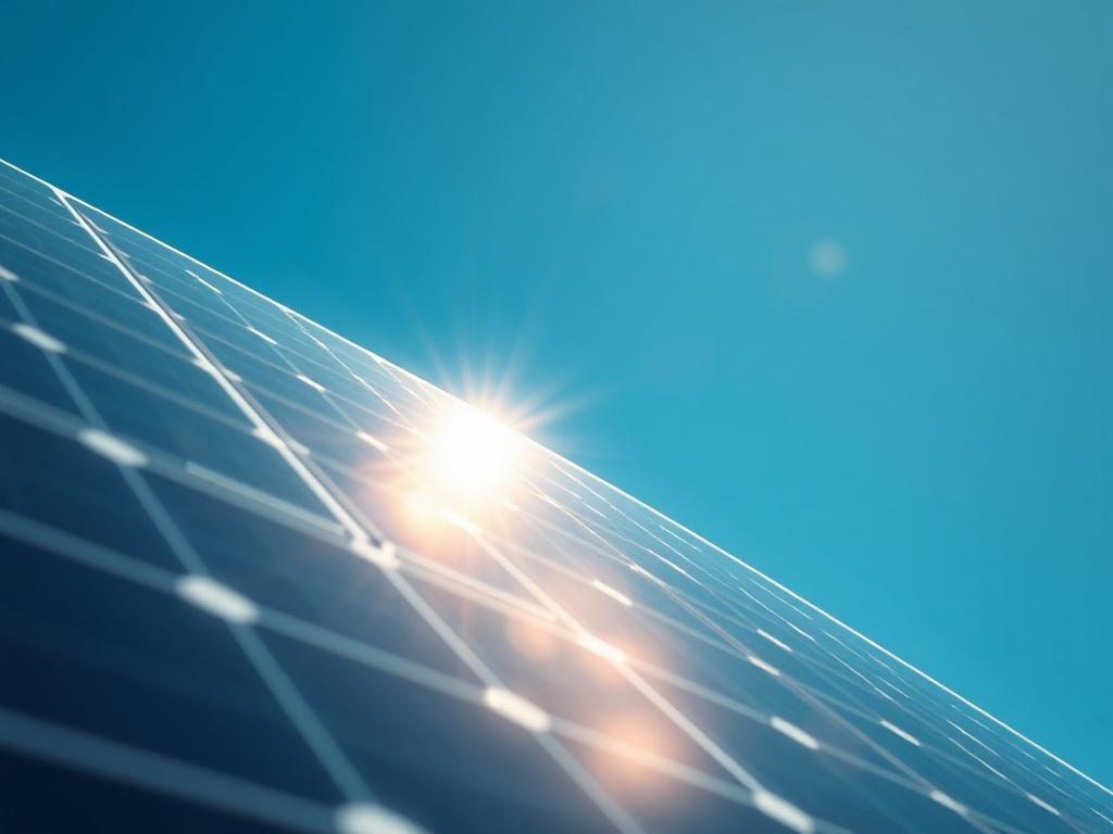 A close-up shot of a sleek monocrystalline solar panel installed on a roof, with bright sunlight reflecting off its surface. The background features a clear blue sky, emphasizing the sustainable energy theme. The image should have a warm, inviting feel, showcasing the quality of solar technology.