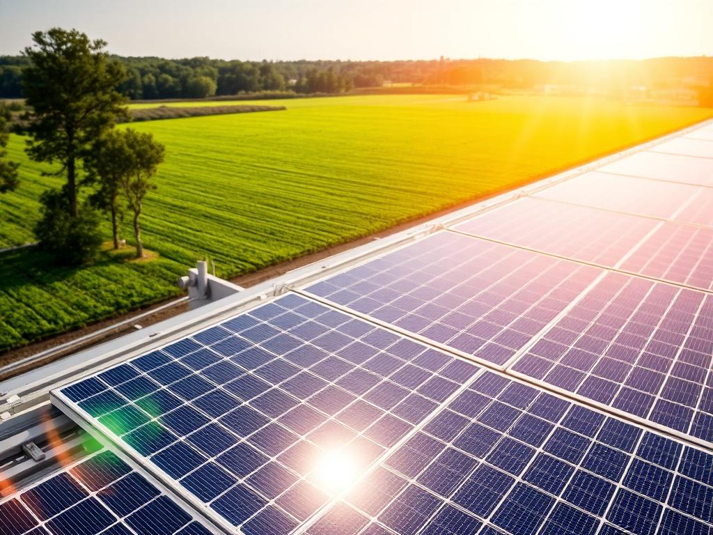 A vibrant image of a polycrystalline solar panel array on a commercial building. The sun shines brightly, illuminating the panels while a green field is visible in the background. The focus on the panels highlights the durability and energy efficiency of the product.