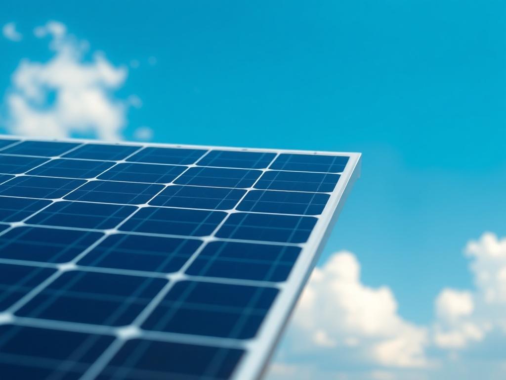 A close-up shot of a new monocrystalline solar panel, showcasing its sleek design and high-tech features. The background is a bright blue sky with a few fluffy clouds, emphasizing the solar panel's connection to renewable energy.