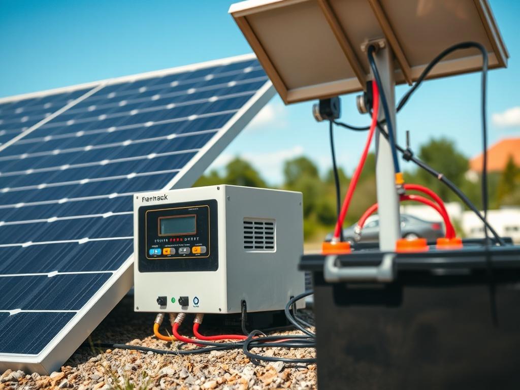 A captivating close-up of a complete solar system setup, featuring solar panels, an inverter, and batteries. The background shows a sunny day, emphasizing the solar system's effectiveness in capturing sunlight.