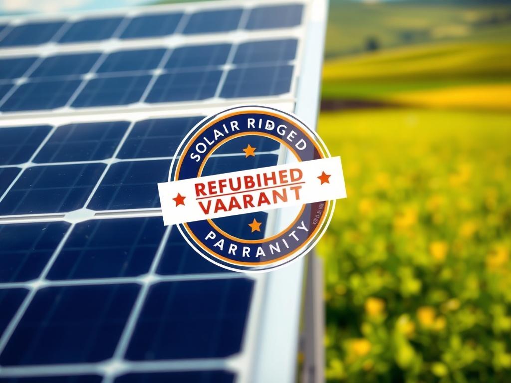 A realistic close-up of a refurbished solar panel, highlighting its quality and warranty seal. The background should be a vibrant green landscape, symbolizing eco-friendliness and sustainability.