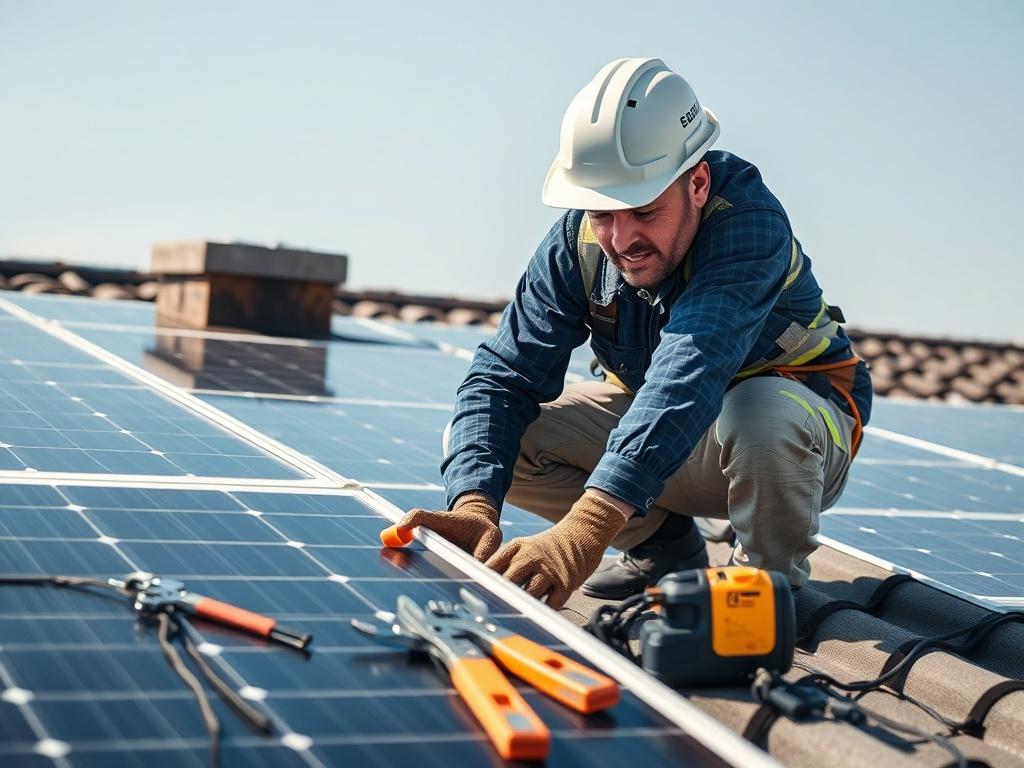 A professional technician installing solar panels on a rooftop, with