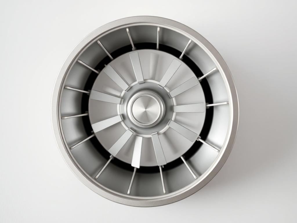A close-up shot of a Concentric Aluminium Diffuser on a neutral background, highlighting its unique design and adjustable blades, rendered in hyper-realistic style.