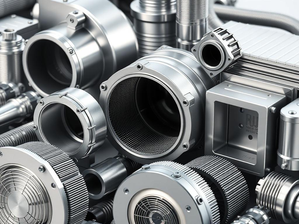 A close-up shot of various Aluminium HVAC Components arranged aesthetically, showcasing their quality and design, rendered in hyper-realistic style.