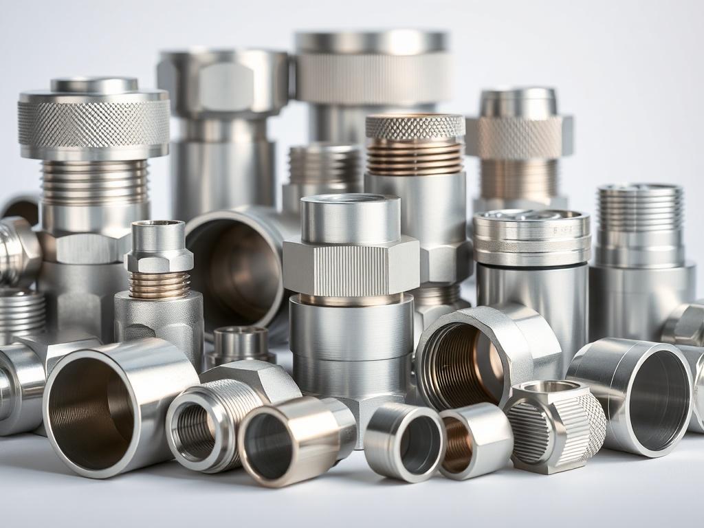 A close-up shot of various aluminium HVAC components, including fittings and connectors, arranged neatly to showcase their quality and design. The components should be set against a clean, minimalistic background that highlights their metallic texture. Focus on the details of each component, capturing the craftsmanship in high-resolution to emphasize usability and reliability.