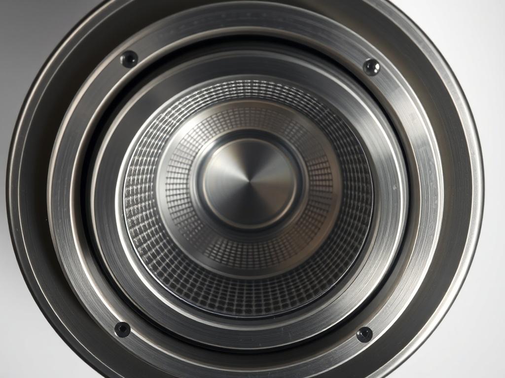 A detailed close-up of a concentric aluminium diffuser emphasizing its intricate design and smooth finish. The diffuser should be centered in the image against a simple background that contrasts with its metallic surface. Focus on the diffuser's adjustable components, captured in high-resolution to highlight its durability and aesthetic appeal.