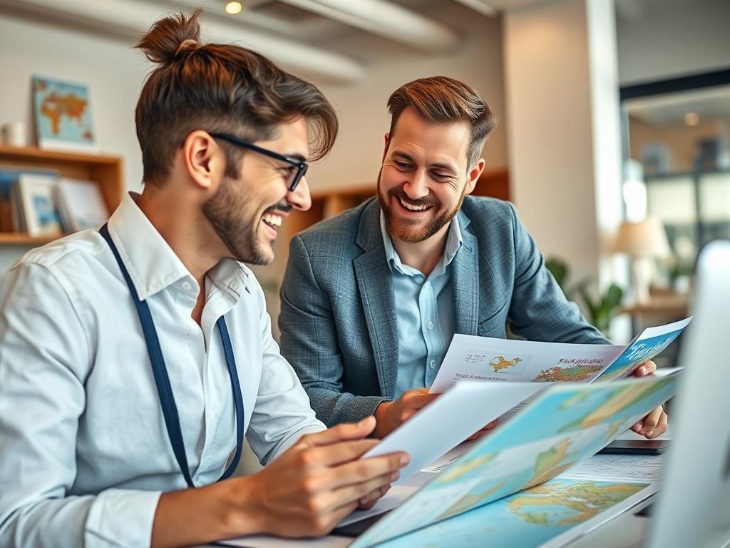 A close up of a friendly travel consultant engaging in
