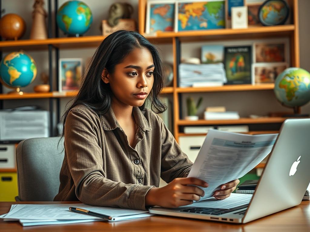 Create a realistic, high-resolution close-up photograph that visually represents the theme "Navigating Study Abroad Applications." The composition should feature a single subject: a focused student, a young woman of diverse ethnic background, seated at a tidy desk, deeply engaged with her study abroad application materials. 

She is surrounded by neatly organized documents, including a printed application form and a laptop open to an online study abroad platform. The student has a look of concentration, wit
