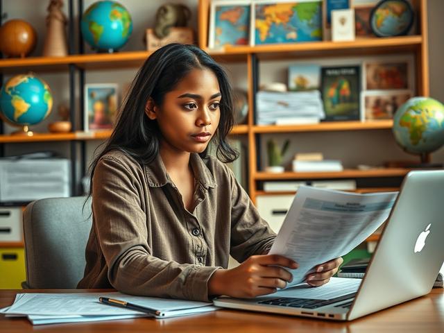 Create a realistic, high-resolution close-up photograph that visually represents the theme "Navigating Study Abroad Applications." The composition should feature a single subject: a focused student, a young woman of diverse ethnic background, seated at a tidy desk, deeply engaged with her study abroad application materials. 

She is surrounded by neatly organized documents, including a printed application form and a laptop open to an online study abroad platform. The student has a look of concentration, wit
