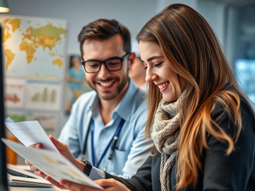A close-up shot of a travel consultant assisting a client with travel documents. The consultant is smiling and engaged, showcasing a warm and inviting atmosphere. The background features travel-related items like maps and brochures, with a focus on the consultant's attentive expression. The lighting is bright and inviting, emphasizing a professional yet friendly environment. The color scheme aligns with rgb(50, 170, 39), creating a cohesive and vibrant image.