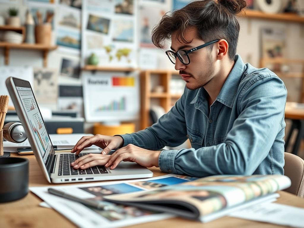A close-up shot of a marketing professional analyzing data on a laptop alongside travel brochures. The background features a creative workspace filled with marketing materials.