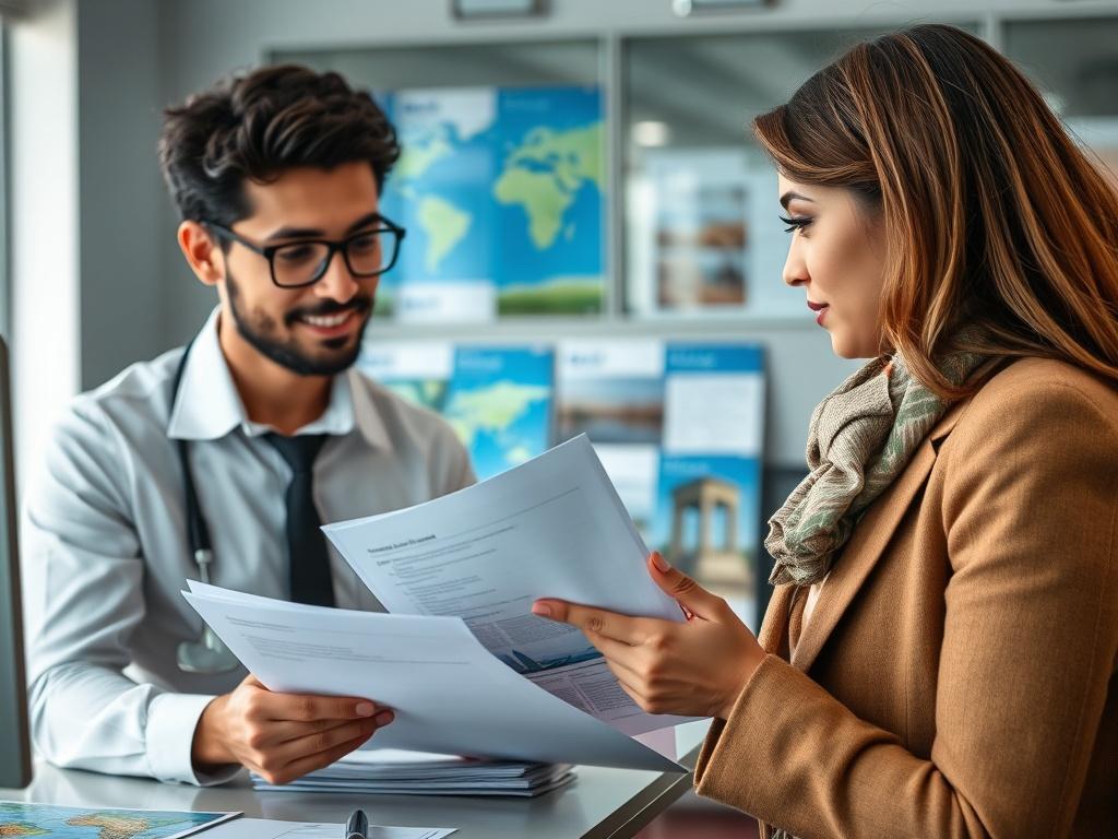 A close-up shot of a travel agent reviewing documents with a client in an office setting. The background features a well-organized workspace with travel brochures and a computer.