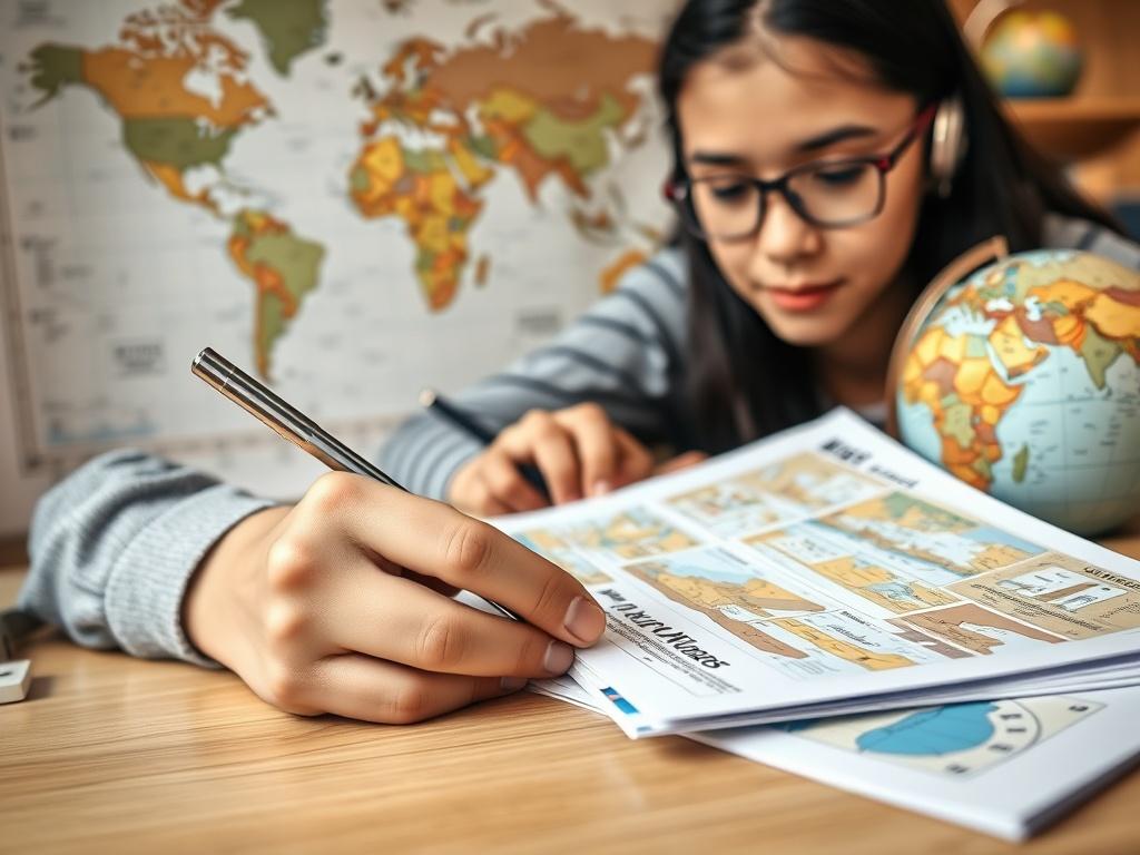 A close-up shot of an international student studying with travel documents on a desk. The background showcases a world map and a globe, emphasizing the theme of global travel and education.