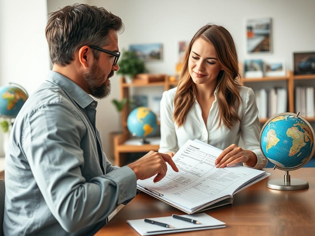 A hyper-realistic close-up shot of a travel consultant discussing documents with a client. The background shows a well-organized office with travel brochures and a globe. The consultant is pointing at a travel checklist on the table, illustrating the planning process. The composition is clear, focusing on the interaction between the consultant and the client, and enhancing the theme of global travel.