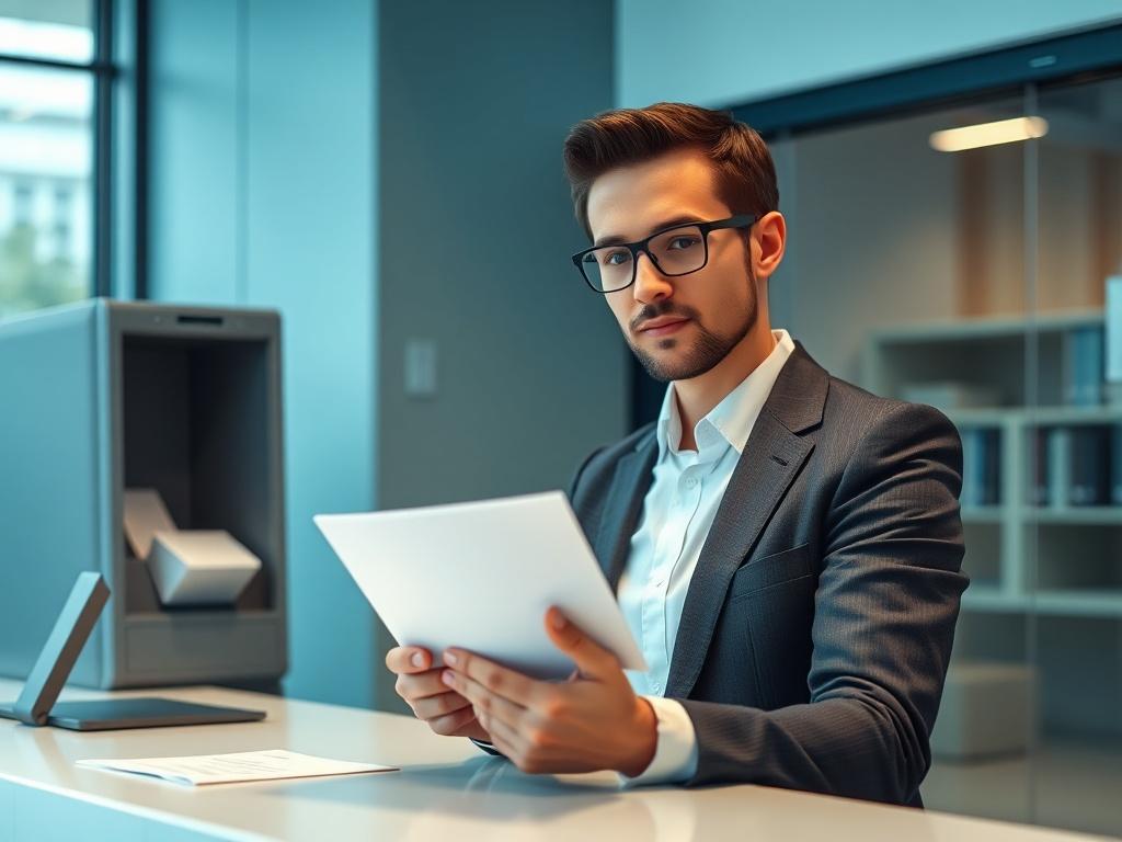 An office scene depicting a consultant formally submitting documents at a postal office. The focus is on the consultant, confident and professional, ready to send important travel documents.