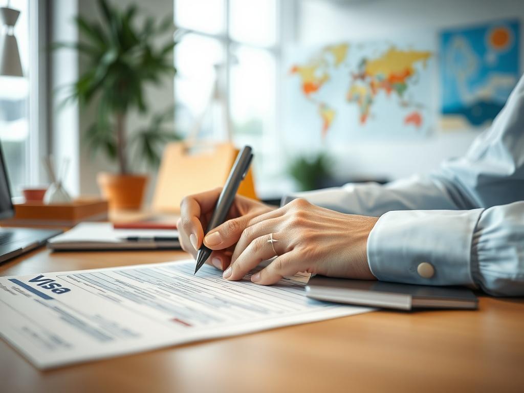 A close-up shot of a person filling out a visa application form at a desk, with a passport and travel documents in view. The setting should be bright and organized, with a splash of rgb(50, 170, 39) color in the decor.