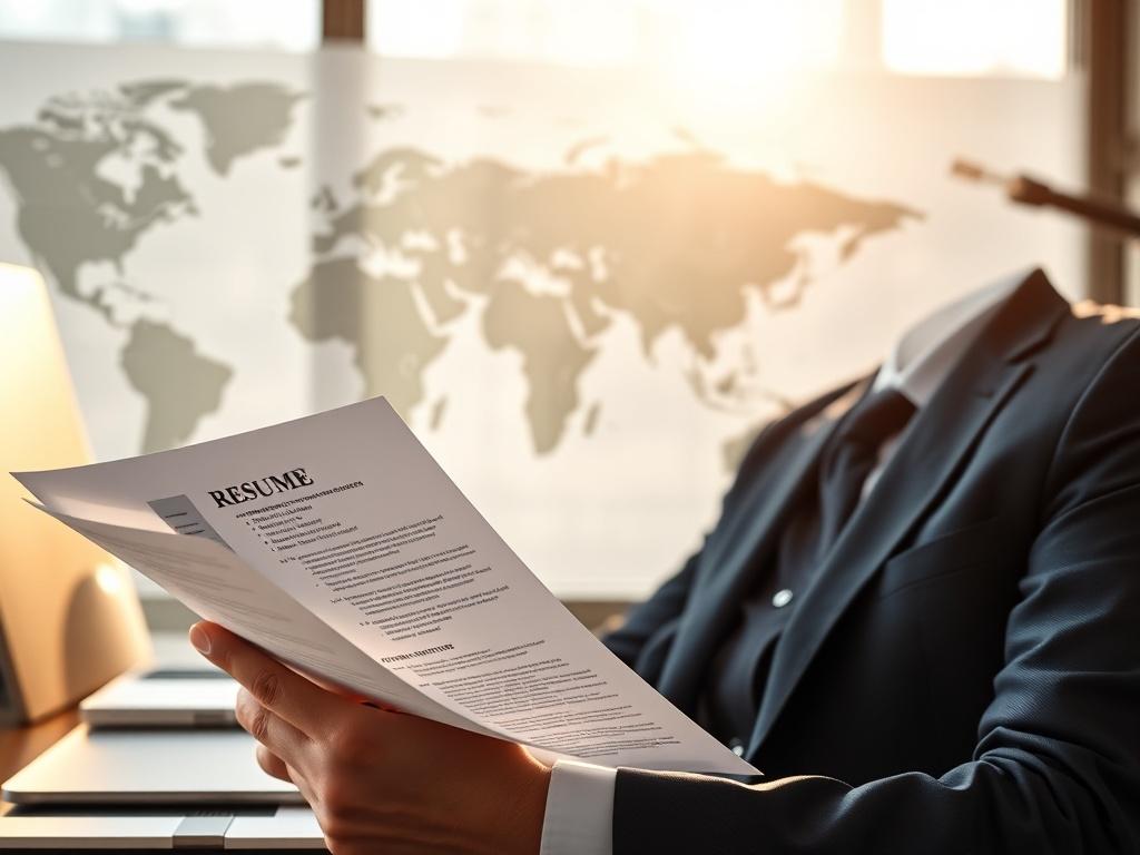 A close-up shot of a professional reviewing a resume in a bright, modern workspace. The background features soft natural light filtering through a window, with elements of a global map subtly integrated, harmonizing with the rgb(50, 170, 39) color.