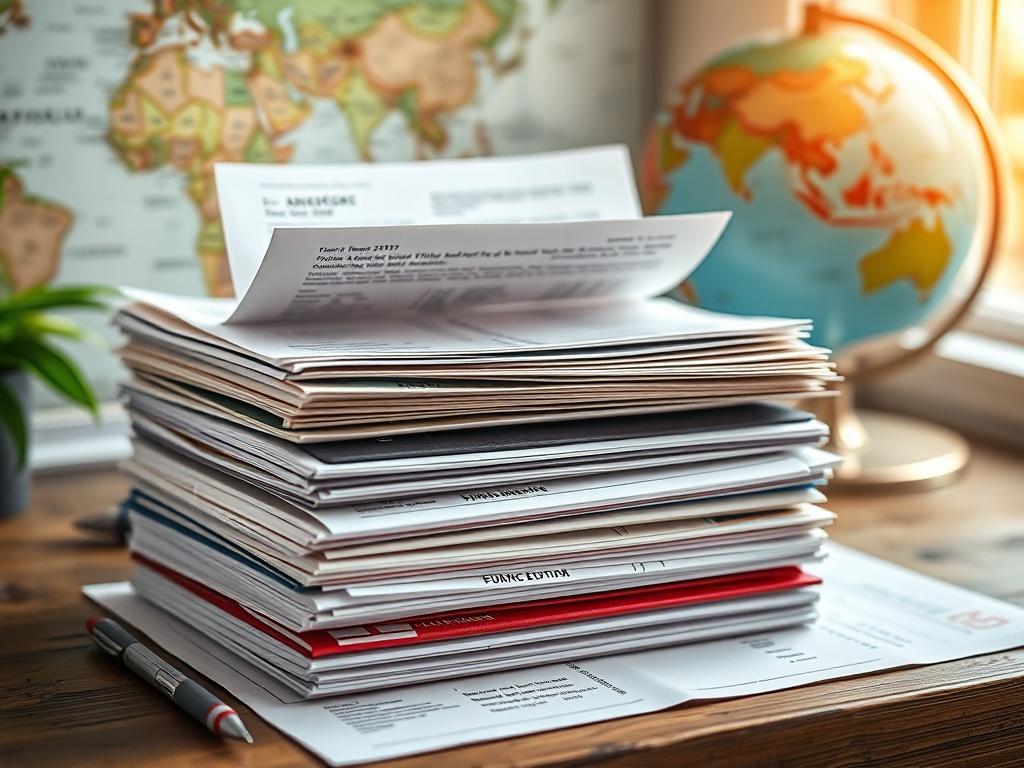 Create a high-resolution, realistic photograph that captures the essence of preparation for studying abroad. The image should feature a neatly arranged stack of essential travel documents prominently placed in the center of the frame. These documents should include a passport, visa application forms, enrollment letters from universities, and any relevant medical insurance papers. 

The background should be softly blurred to emphasize the focus on the documents, while incorporating subtle elements that evoke