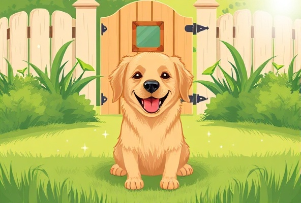 Happy dog in clean yard with gate