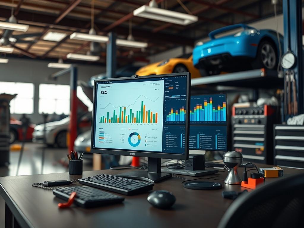 A close-up of a busy automotive repair shop with tools and cars in the background, featuring a computer setup with SEO analytics on the desk. The focus should be on the organized workspace.