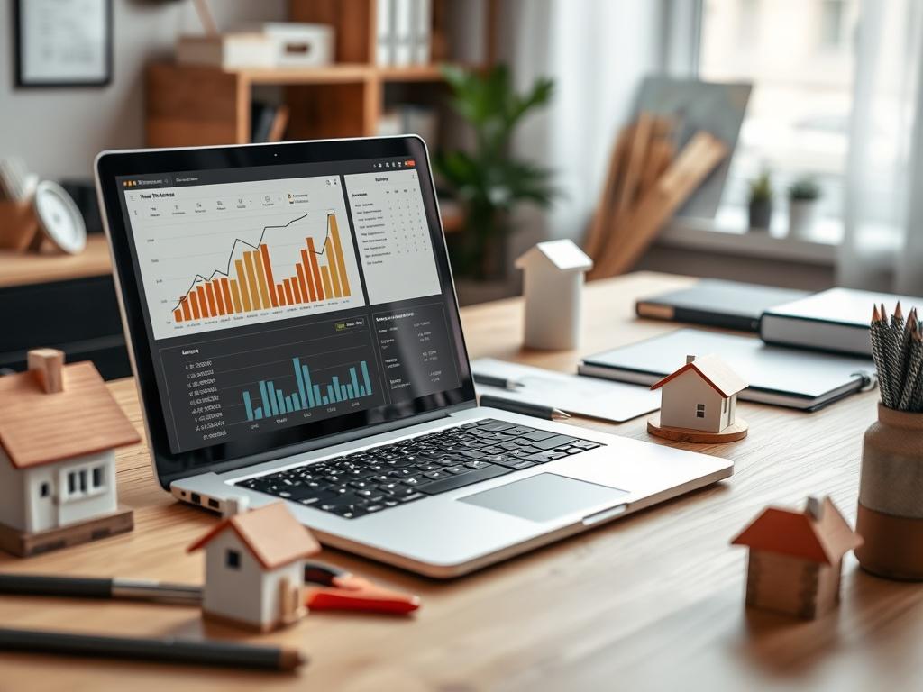A close-up shot of a neatly organized office desk with a laptop and SEO analytics on the screen, surrounded by house models and tools indicating home services. The background should be soft and blurred, giving a professional yet inviting feel.