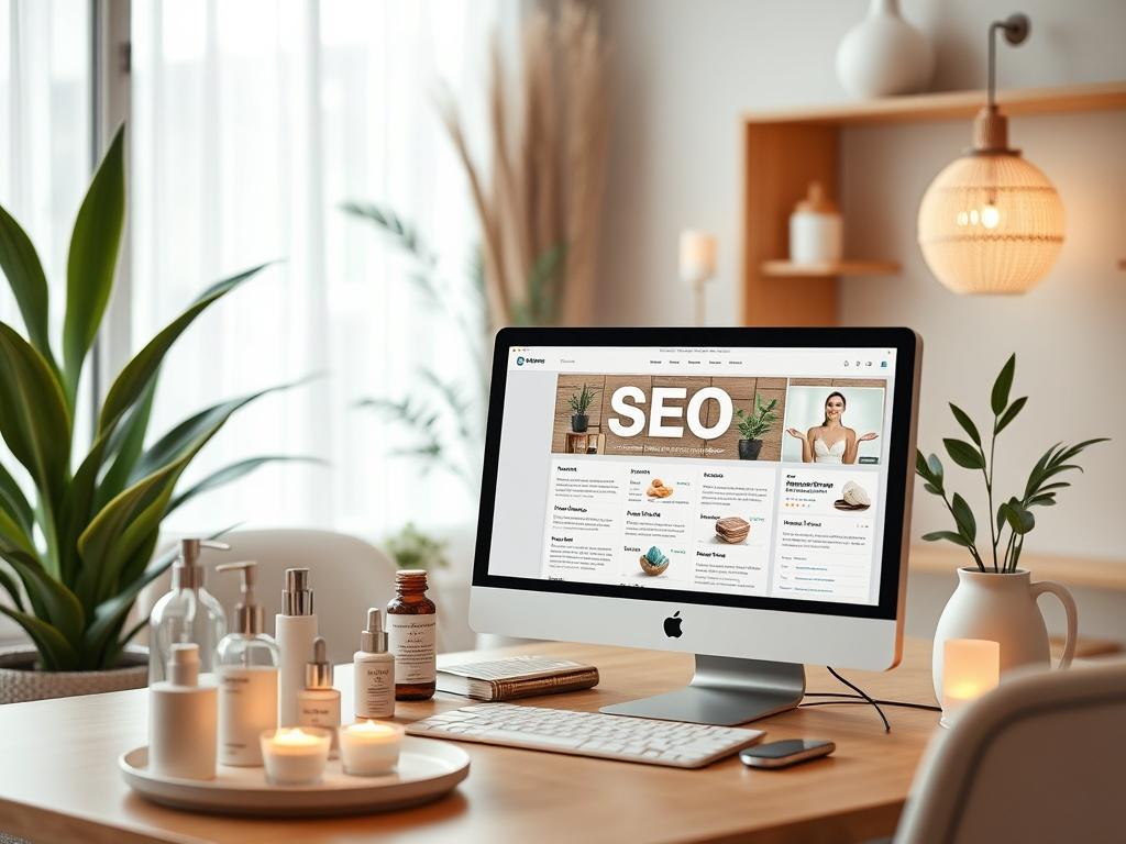 A close-up of a tranquil wellness center with soothing decor, featuring wellness products and a computer displaying SEO tools on a desk. The background should be softened to highlight the inviting ambiance.