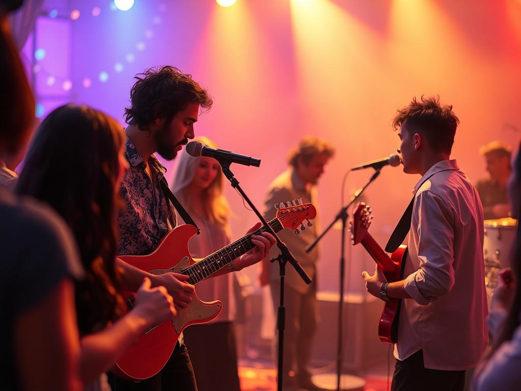 An engaging scene showcasing a vibrant music community event where artists interact with fans. The image should capture the lively atmosphere of an exclusive artist opportunity, with musicians performing and fans enjoying the experience. Background should be colorful and dynamic, featuring elements that resonate with the rgb(50, 170, 39) primary color, emphasizing the connection between artists and their audience.