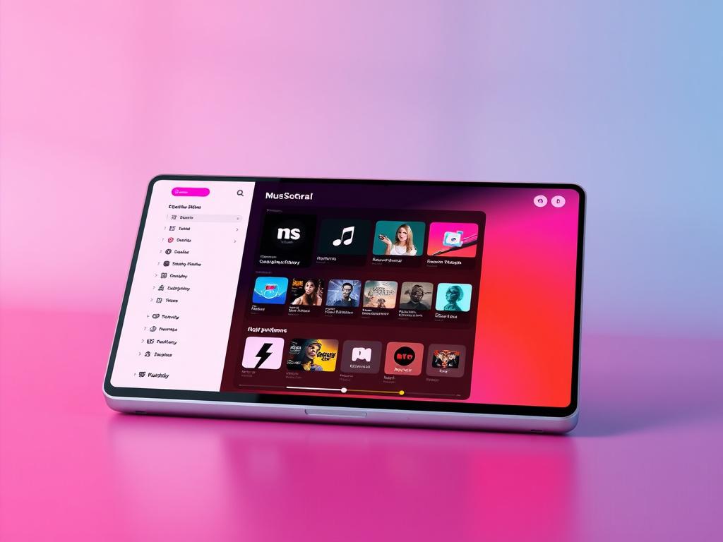 A realistic depiction of a customer portal interface on a sleek digital device. The image should focus on a clean and intuitive layout that highlights user account options, subscription management, and music preferences. Background should be minimalistic, with vibrant colors that match the rgb(50, 170, 39) primary color, showcasing a modern and user-friendly experience.