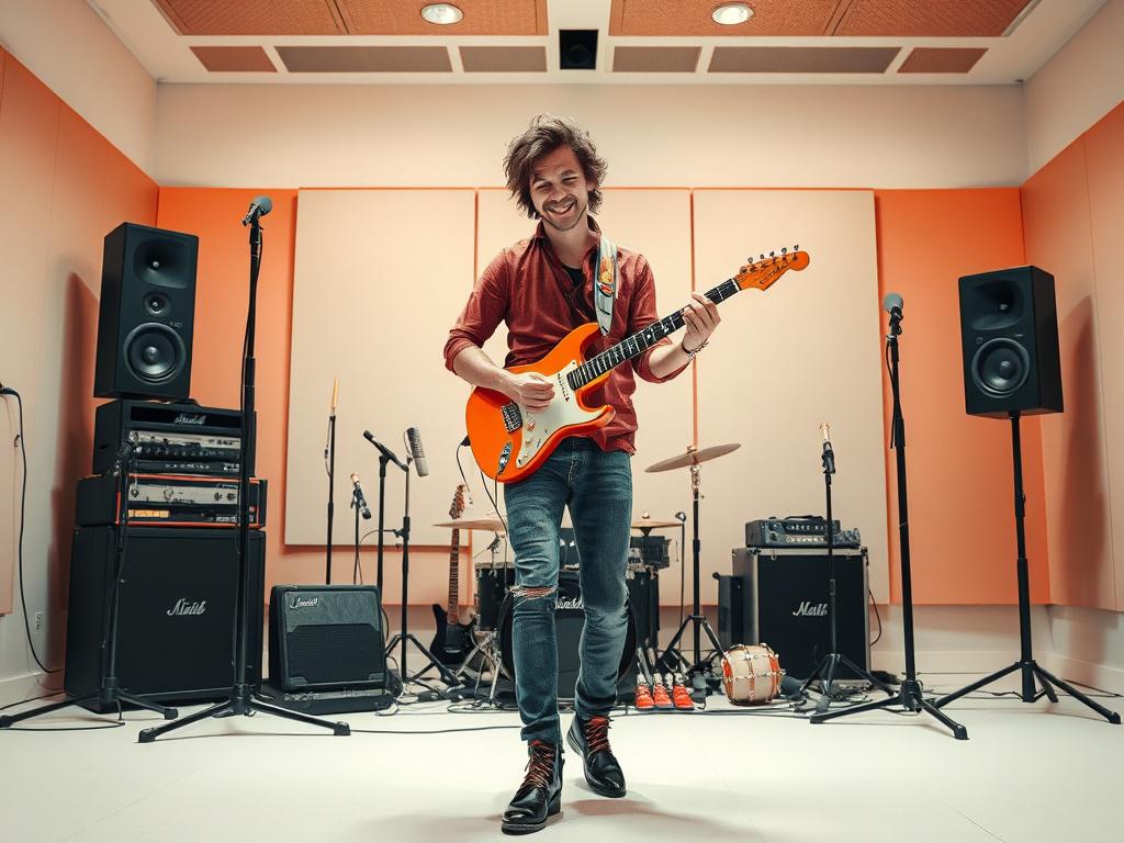 Create a high resolution of a confident musician standing in