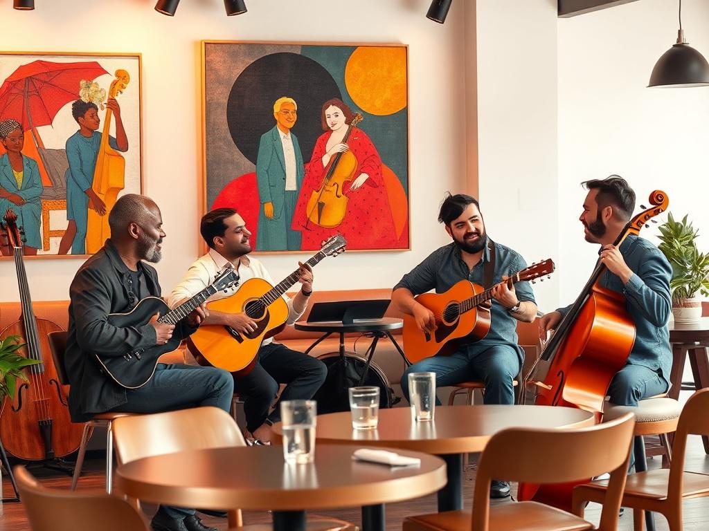 A lively scene depicting a group of musicians engaged in